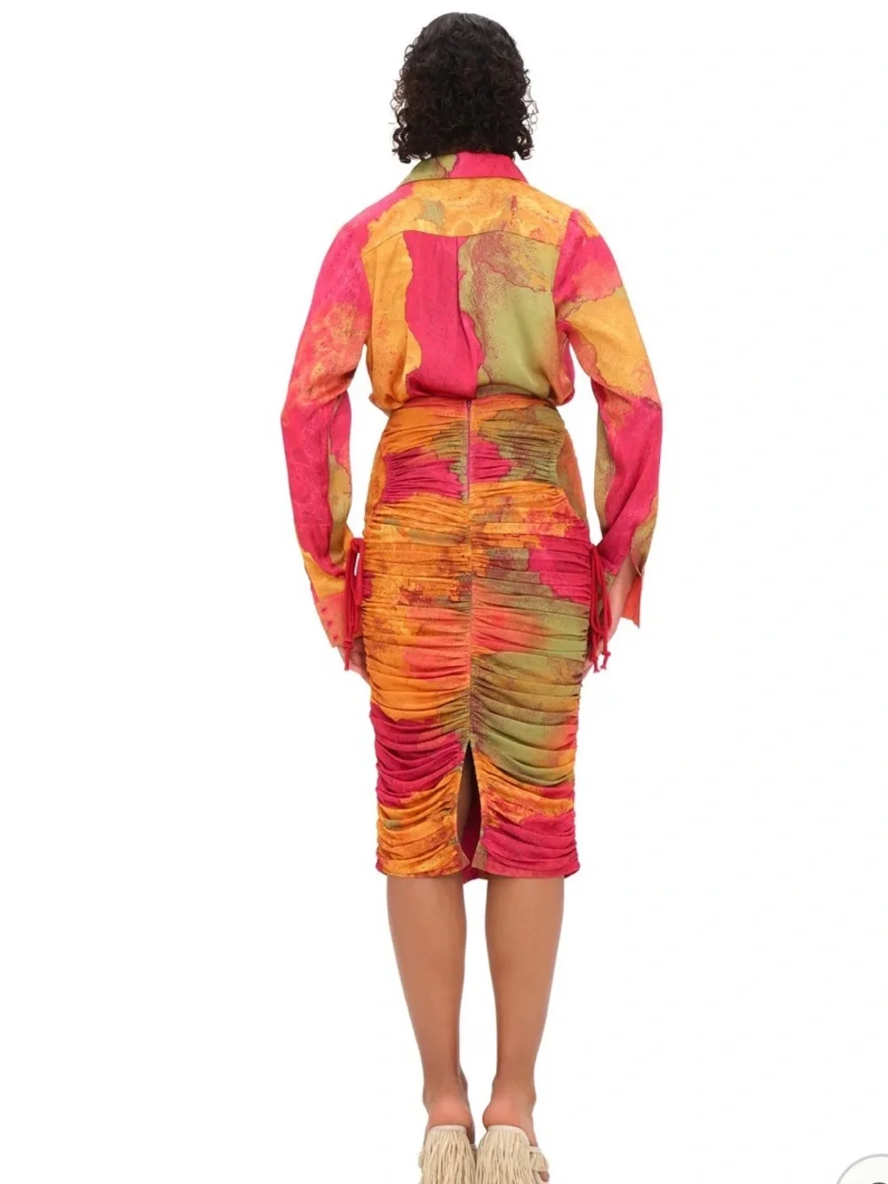 Andrea Iyamah TAKA Mesh Ruched Midi SKIRT in Pink & Orange ERO - II PRT NEW NWT
